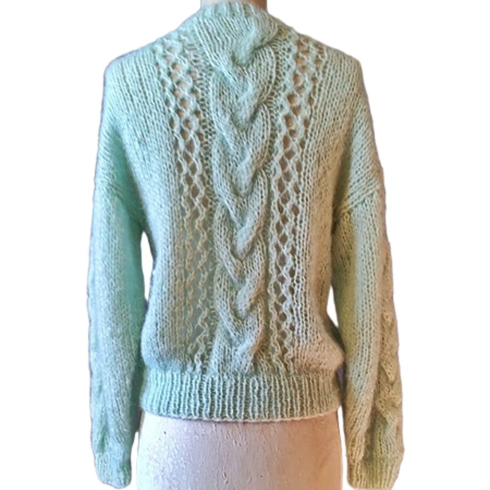 Mint Green Hand Knit 1960s Vintage Cable Knit V Neck Sweater Oversized Large - Picture 2 of 7